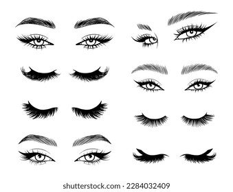 Vector set beautiful female eyes with long black eyelashes and brows close up. Makeup, beauty salon symbol.