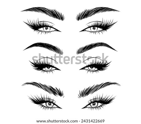 Vector set beautiful female eyes with long black eyelashes and brows close up. Makeup, beauty salon symbol.
