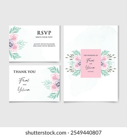 Vector set of Beautiful floral and Botanic wedding watercolor invitation card with rose and leave