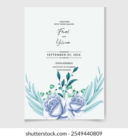 Conjunto de Vector de hermosa tarjeta de invitación de acuarela de boda floral y botánica con rosa y hojas