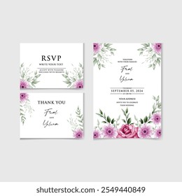 Vector set of Beautiful floral and Botanic wedding watercolor invitation card with rose and leave