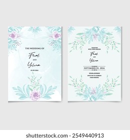 Conjunto de Vector de hermosa tarjeta de invitación de acuarela de boda floral y botánica con rosa y hojas