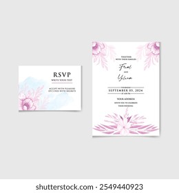Vector set of Beautiful floral and Botanic wedding watercolor invitation card with rose and leave