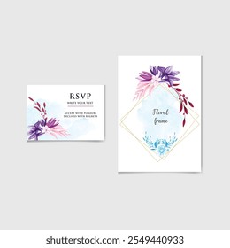 Vector set of Beautiful floral and Botanic wedding watercolor invitation card with rose and leave