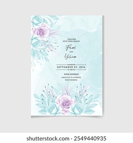 Conjunto de Vector de hermosa tarjeta de invitación de acuarela de boda floral y botánica con rosa y hojas