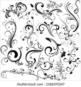 Vector Set Of Beautiful Floral Design Elements Silhouettes Illustration Isolated On White Background