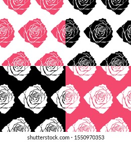 Vector set of beautiful floral monochrome patterns with rose silhouettes. Seamless textures in black, white and pink colors. Endless backgrounds. Botanical surface design.