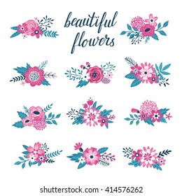 Vector set of beautiful flowers. Can be used in wedding invitation, posters, postcards. Floral design. Blooming flowers, leaves, branches and berries are isolated on white.