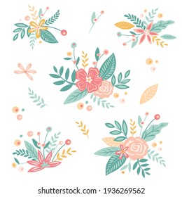 Vector set with beautiful flowers and leaves. Botanic Design for banner, wedding, poster, invitation, cover, placard, brochure, header.
