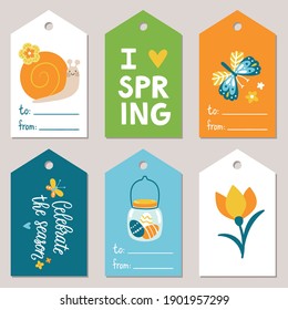 Vector set of beautiful gift tags with hand written phrases about spring, flower, butterfly, snail, Easter eggs. Spring scrapbooking elements. Seasonal journaling card