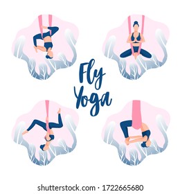 Conjunto vectorial de una hermosa chica haciendo yoga en hamacas. Ejercicios de estiramiento. Clases de relajación contra la gravedad y de yoga aéreo. Deporte, estilo de vida saludable y entrenamiento de fitness.