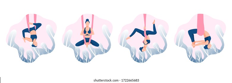 Vector set of a beautiful girl doing yoga in hammocks. Stretching exercises. Anti-gravity relaxation and aerial yoga classes. Sport, healthy lifestyle and fitness training.