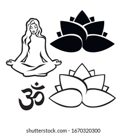 vector set beautiful girl in yoga asana meditation lotus and om sign