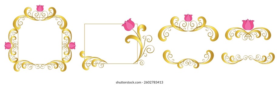 Vector set of beautiful golden frames, vignettes, page dividers with decorative vintage elements, and pink flowers.
