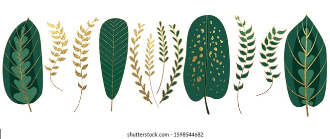 Vector set of beautiful golden and green tropical plants. Varieties of shiny leaves and branches isolated on white background. Decoration elements for invitation,
prints and other design