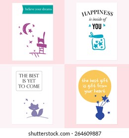 Vector set of beautiful hand drawn cards templates. Text message, lettering, gift. Congratulations, best regards, post card design.