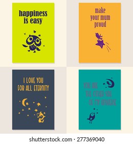 Vector set of beautiful hand drawn cards templates. Text message, lettering, gift. Congratulations, best regards, post card design.