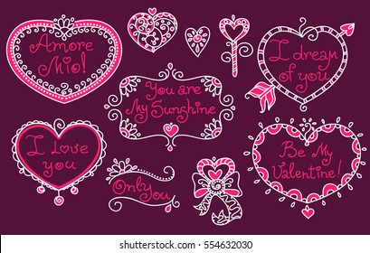 Vector set of beautiful hearts and decorative elements for Valentine's day. Handwritten love confessions. Isolated on white background.