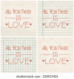 Vector set of beautiful hipster romantic Valentine's Day cards with typography illustrations