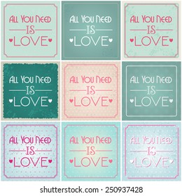 Vector set of beautiful hipster romantic Valentine's Day cards with typography illustrations