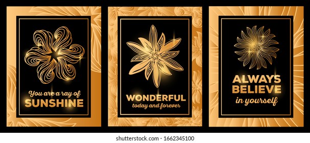 Vector set of beautiful illustration with golden flower and frame on black background with header and sparkle. Thin flat line art design for flower poster, greeting card, wedding invitation
