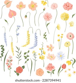 Vector Set of Beautiful Individual Flowers Illustrations Isolated on White Background
