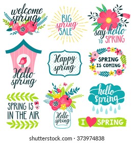 Vector set of beautiful labels with hand written phrases about spring, flowers, frames, wreathes, bird house, mason jar with bouquet, cloud and raindrops. All elements are isolated on white.