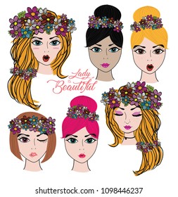 vector set of beautiful lady face portrait in different hair style and skin colour isolated 