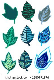 Vector set of beautiful leaves. Decorative leaves of plants. Set of beautiful leaves. Stylized plants. A set of leaves of flowers. Modern graphics. Stylization of plants. Minimalism.