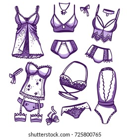 Vector set of beautiful lingerie, collection of design elements on a white background.