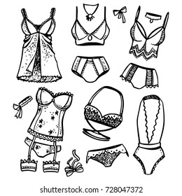 Vector set of beautiful lingerie, contour pictures on a white background.