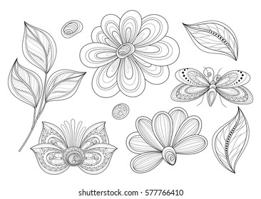 Vector Set of Beautiful Monochrome Floral Design Elements with Insects, Objects Isolated. Flowers, Leaves, Butterfly, Dragonfly, Beetle, Bug etc.