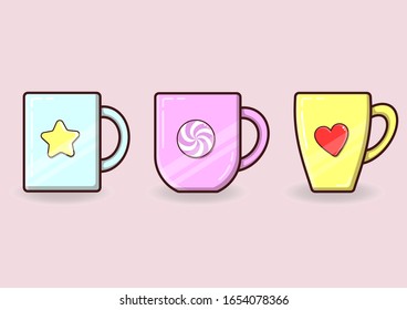 Vector set of beautiful mugs. Cups for a drink.