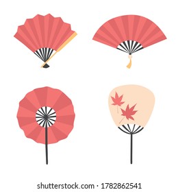 Vector set of beautiful oriental fans. Red colors, maple leaves decoration. Flat, isolated objects