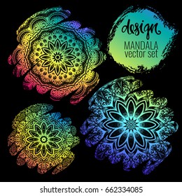 Vector set of beautiful painted Indian ornaments mandala. Can be used to print on the phone, to create a poster, tattoo, yoga Mat.
