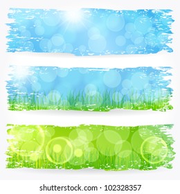 Vector set of beautiful painted spring and summer themed soft bokeh nature banner illustrations