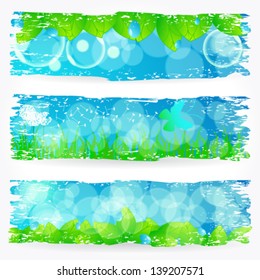 Vector set of beautiful painted syle green spring nature banners with leaves, grass, dandelion, and butterfly illustration