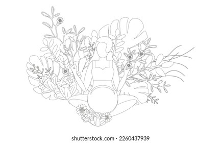 Vector set of beautiful pregnant woman sits in a yoga pose with a bouquet of colorful flowers as a backdrop and decor. Line art style on white background.