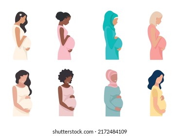 Vector set of beautiful pregnant women of different nationalities isolated on white background. The happiness of motherhood. Vector illustration.