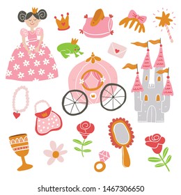 Vector set of beautiful princess, castle, carriage, frog, crown, magic wand, shoes, mirror and accessories. Vector princess. Princess vector illustration - Vector