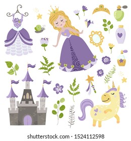 Vector set of beautiful princess, castle, unicorn and accessories