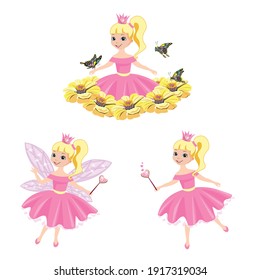 Vector set of a beautiful princess with magic wings and a magic wand, fluttering over a meadow of pink flowers. Vector illustration isolated on white background.