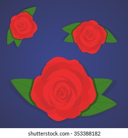 Vector set of beautiful red roses on gradient blue background. Flat style of flowers, design for greeting, wedding, birthday card or textile, fabric, clothes
