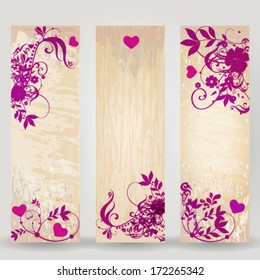 Vector set of beautiful, retro, grunge romantic Valentine's Day floral banners
