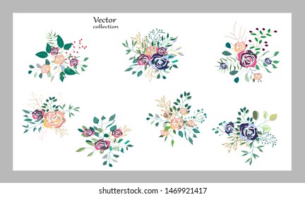 Vector set with beautiful roses and leaves. Botanic Design for banner, wedding, poster, invitation, cover, placard, brochure, header.