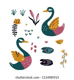 vector set with beautiful scandinavian swans for baby shower,  fabric, textile