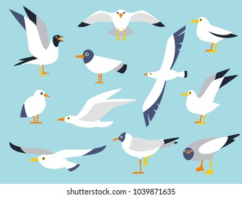 Vector Set Of Beautiful Seagulls In A Flat Style Isolated On White Background. Sea Gull, A Beautiful Bird. Cute Bird In Cartoon Style. Cartoon Atlantic Seabird.