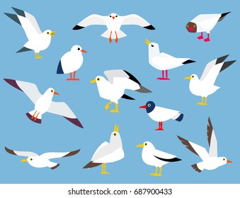 Vector set of beautiful seagulls in a flat style isolated on white background. Cartoon atlantic seabird.