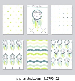 Vector set of beautiful seamless textures and cards with dream catchers, hearts, zig zag and other