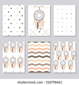 Vector set of beautiful seamless textures and cards with dream catchers, hearts, zig zag and other